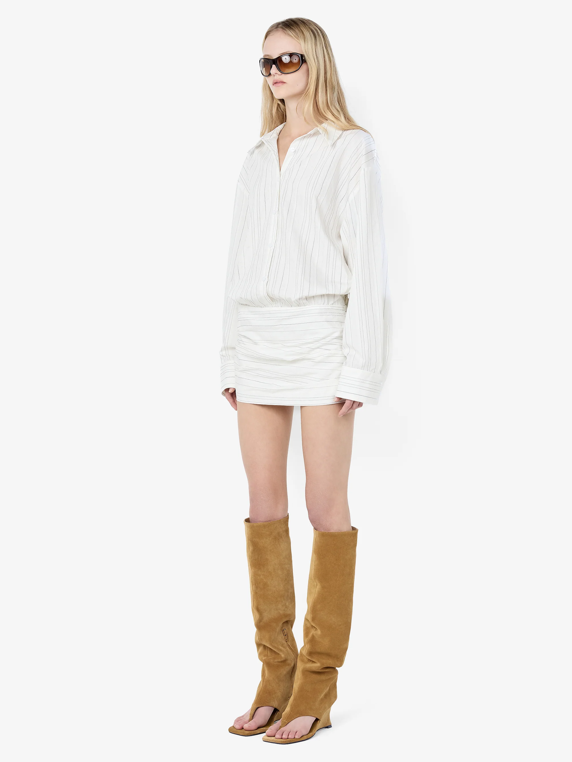 ROMI LONG SLEEVE MINI DRESS - IVORY/BLACK STRIPE - Image 2