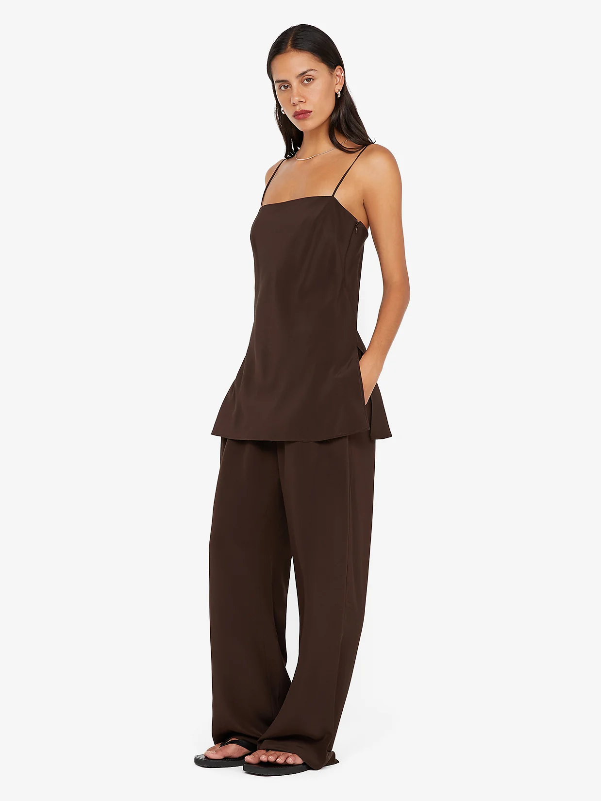 SILK LONG LINE CAMI - CHOC - Image 2